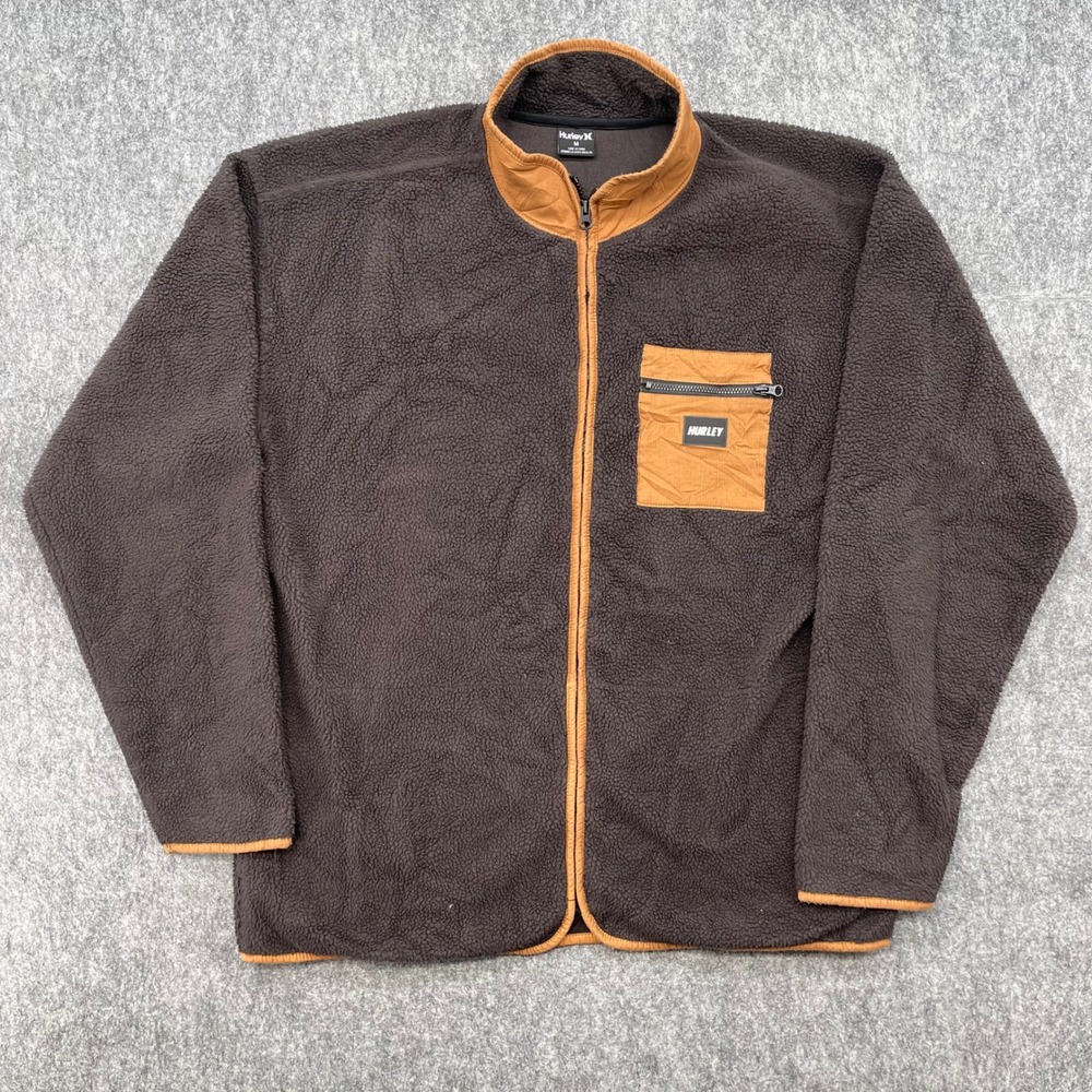 Hurley Jacket Mens Medium Sherpa Fleece Full Zip Brown Tan Mock Neck